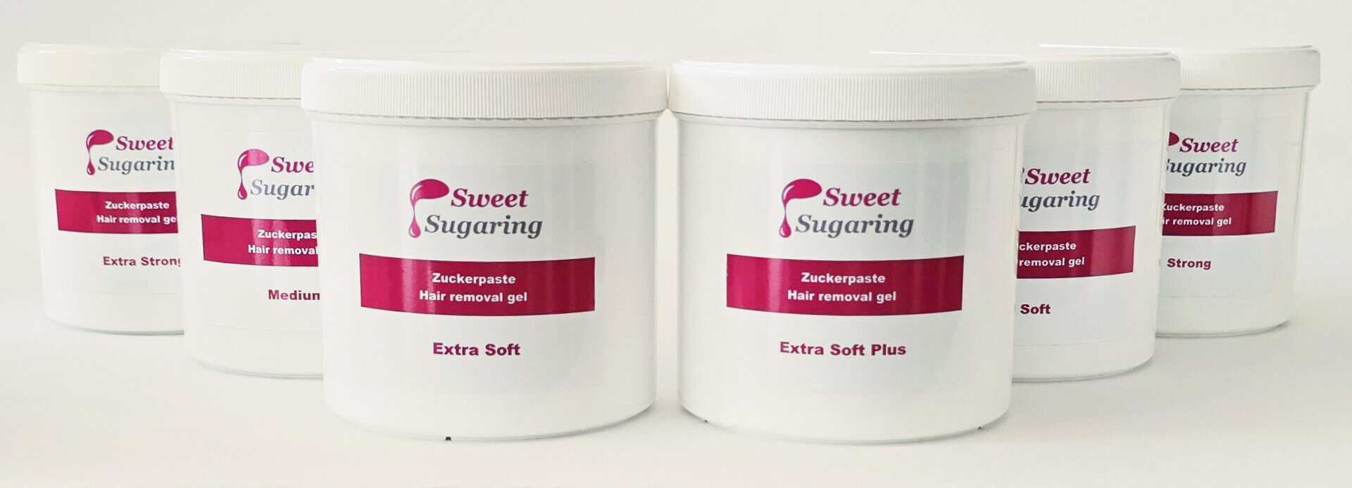 Ein 6-er Set Sweet Sugaring Zuckerpasten in verschiedenenStärken.