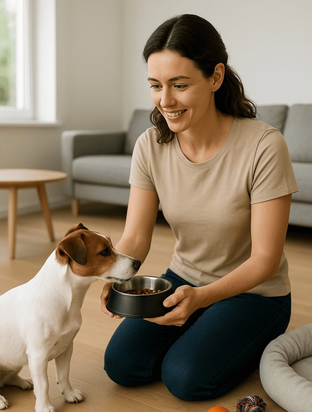a woman feeding a dog Betreuung von Haustieren