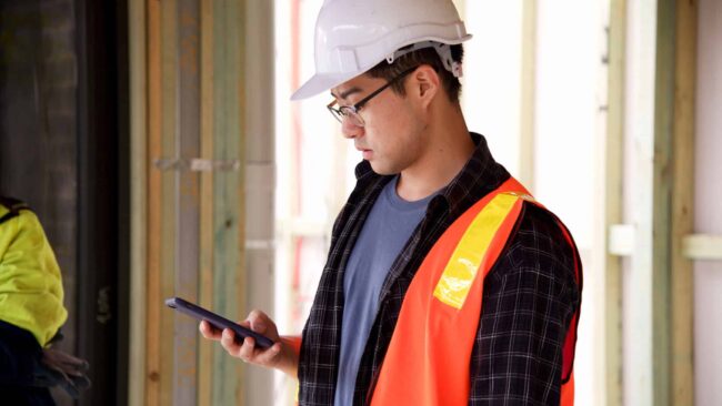 worker with emergency alert notification on phone