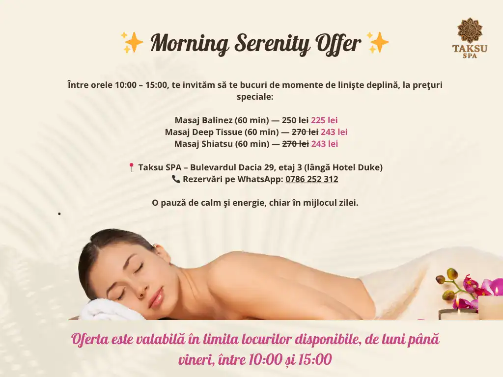 Relaxare și masaje la TAKSU SPA în oferta Morning Serenity.