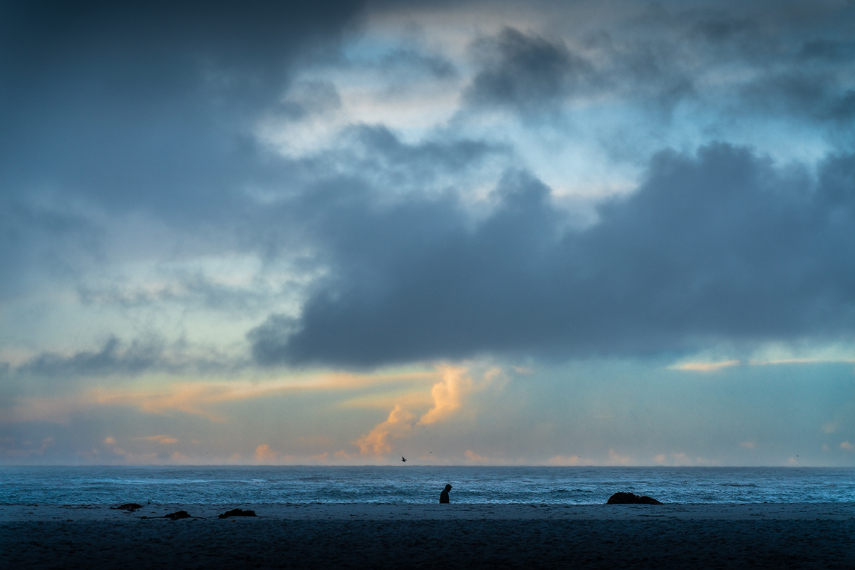 Person walking alone on a quiet beach at sunset beneath dramatic clouds&mdash;an atmospheric scene showcasing creative beach sunset photography tips.