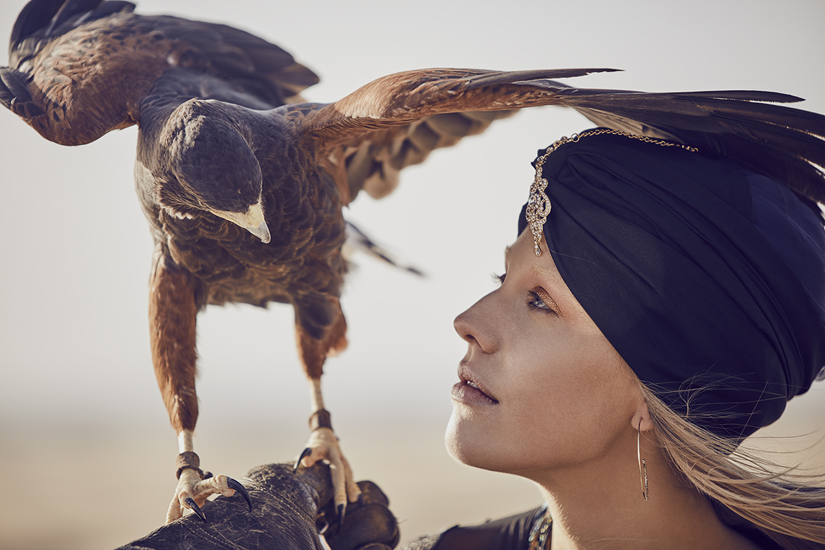 A woman in a jeweled head wrap gazes at a hawk perched on her gloved hand, set against a soft desert backdrop&mdash;illustrating how to get a cinematic look through elegant styling, shallow depth of field, and dramatic natural light.
