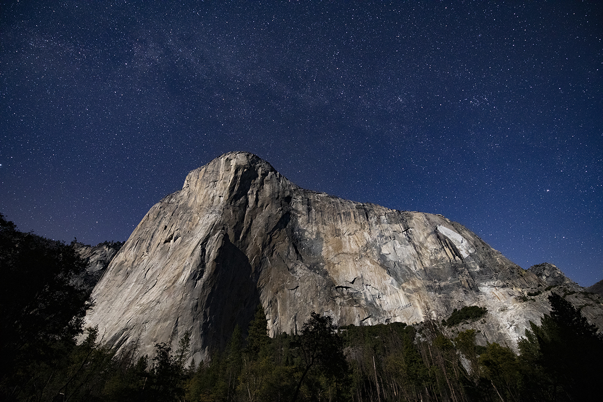 Massive granite cliff illuminated under a clear night sky filled with stars, with forest trees at the base and a deep blue celestial backdrop.