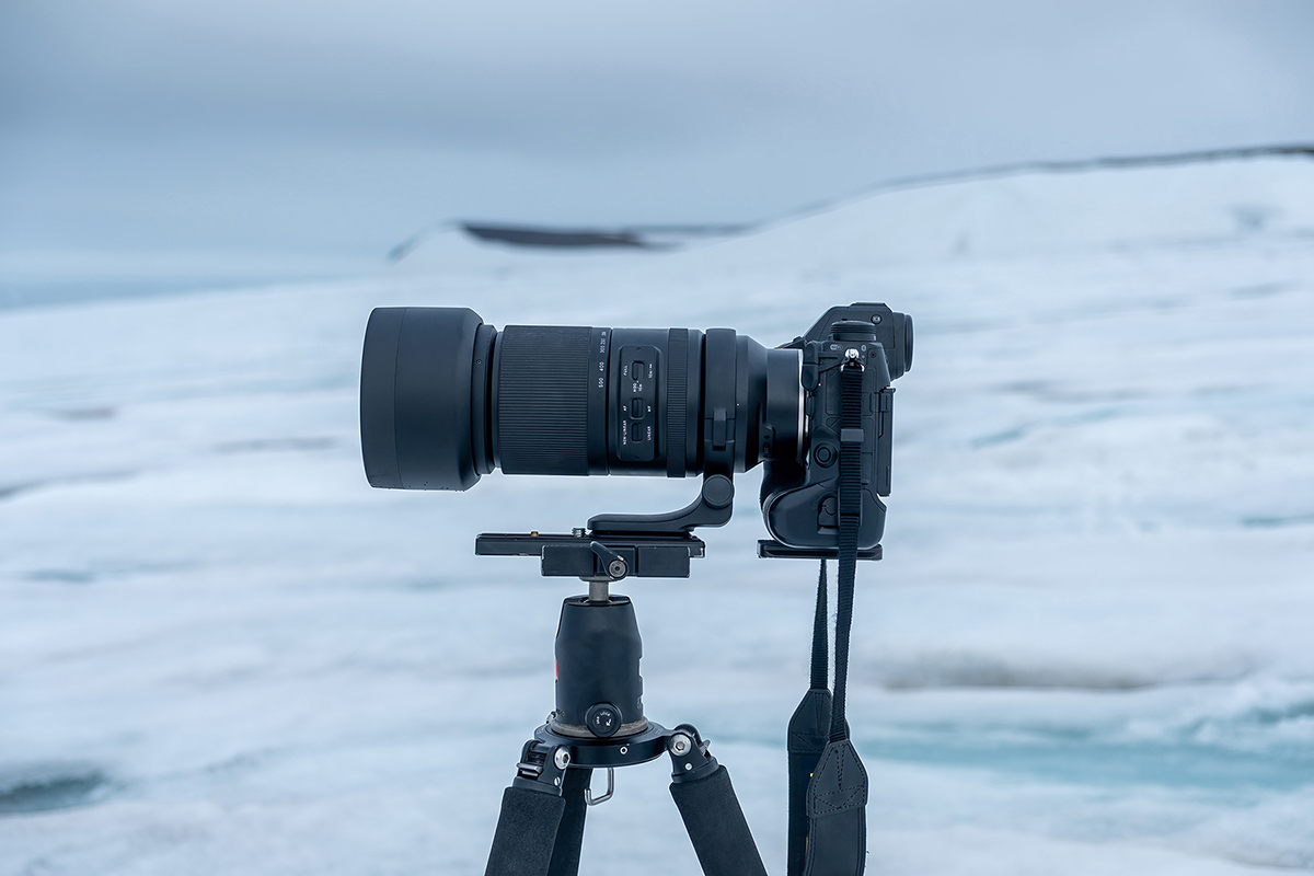 Appareil photo à téléobjectif monté sur un système de support robuste avec une tête à cardan, installé dans un paysage enneigé pour la photographie de la faune et de la flore ou de paysages.