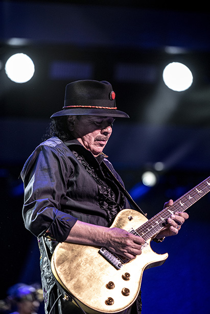 Guitarrista tocando bajo las luces del escenario, mostrando los ajustes reales de la cámara para fotografiar conciertos en un entorno de música en directo.