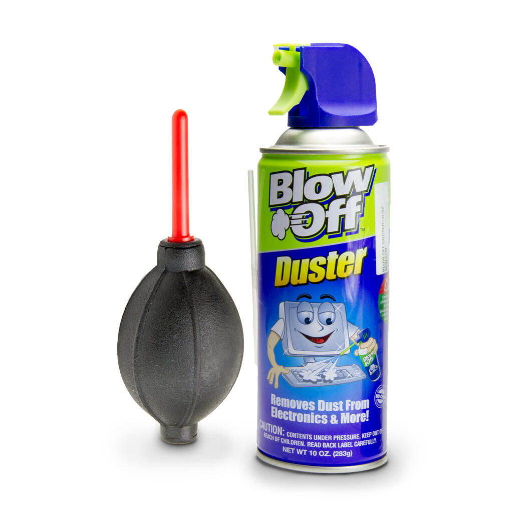 A hand air blower with can of duster to remove dust