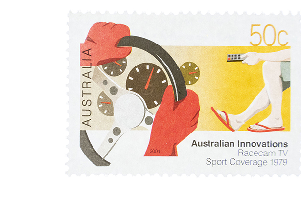 A colorful Australian 50-cent stamp titled "Australian Innovations &ndash; Racecam TV Sport Coverage 1979," featuring stylized driving imagery and a hand holding a remote. &copy;Jillian Bell
