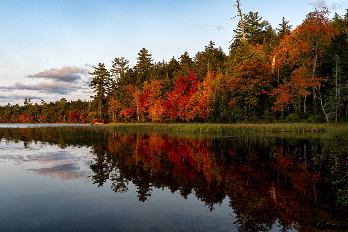 A serene lake reflects a vibrant forest of red, orange, and yellow foliage under a clear autumn sky&mdash;an ideal scene for fall colors photography.