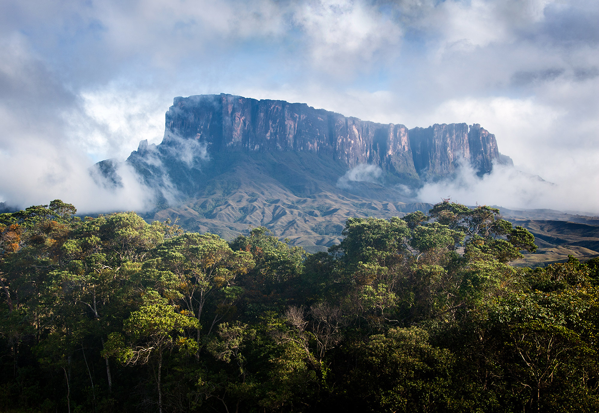 Una majestuosa montaña de cima plana que se eleva sobre un denso bosque, parcialmente envuelta en nubes.