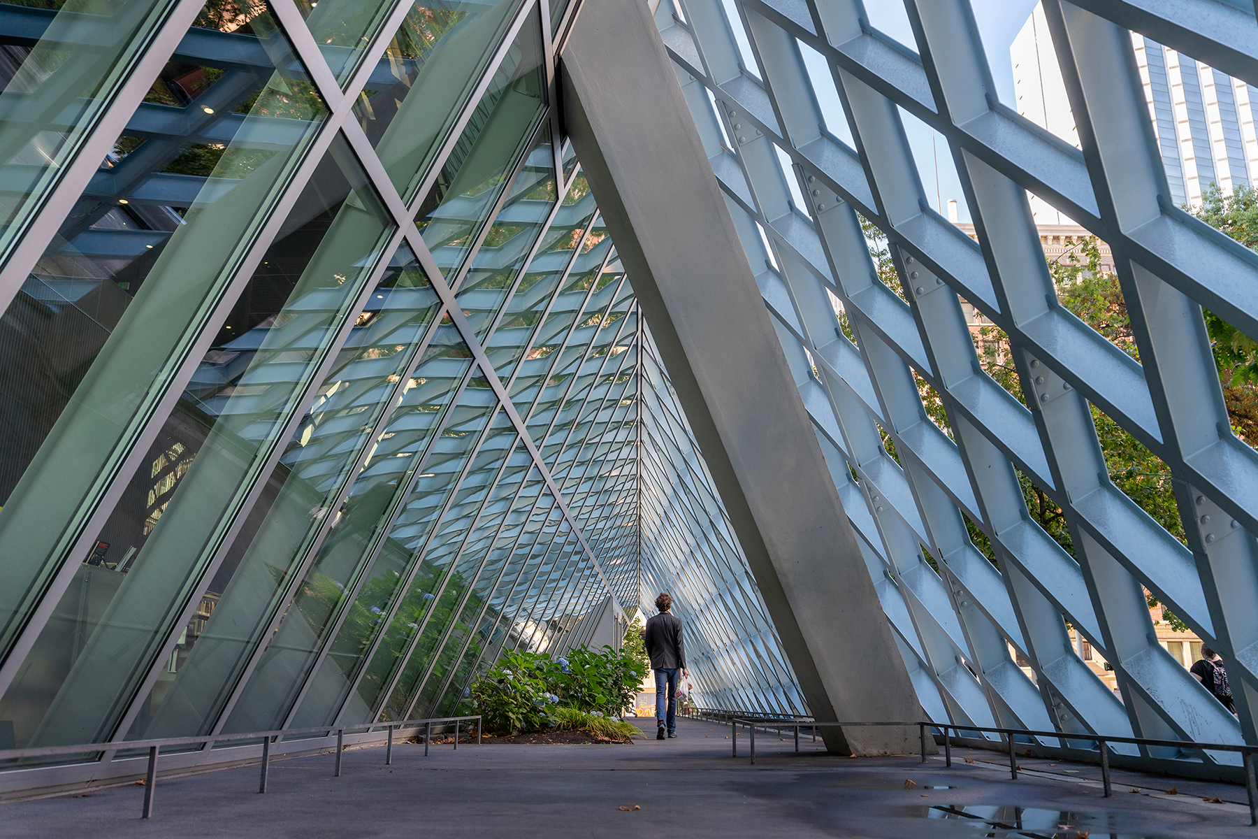 A person walking through a modern glass and steel architectural structure with geometric patterns, illustrating the versatility of the best Sony E mount lenses for travel.