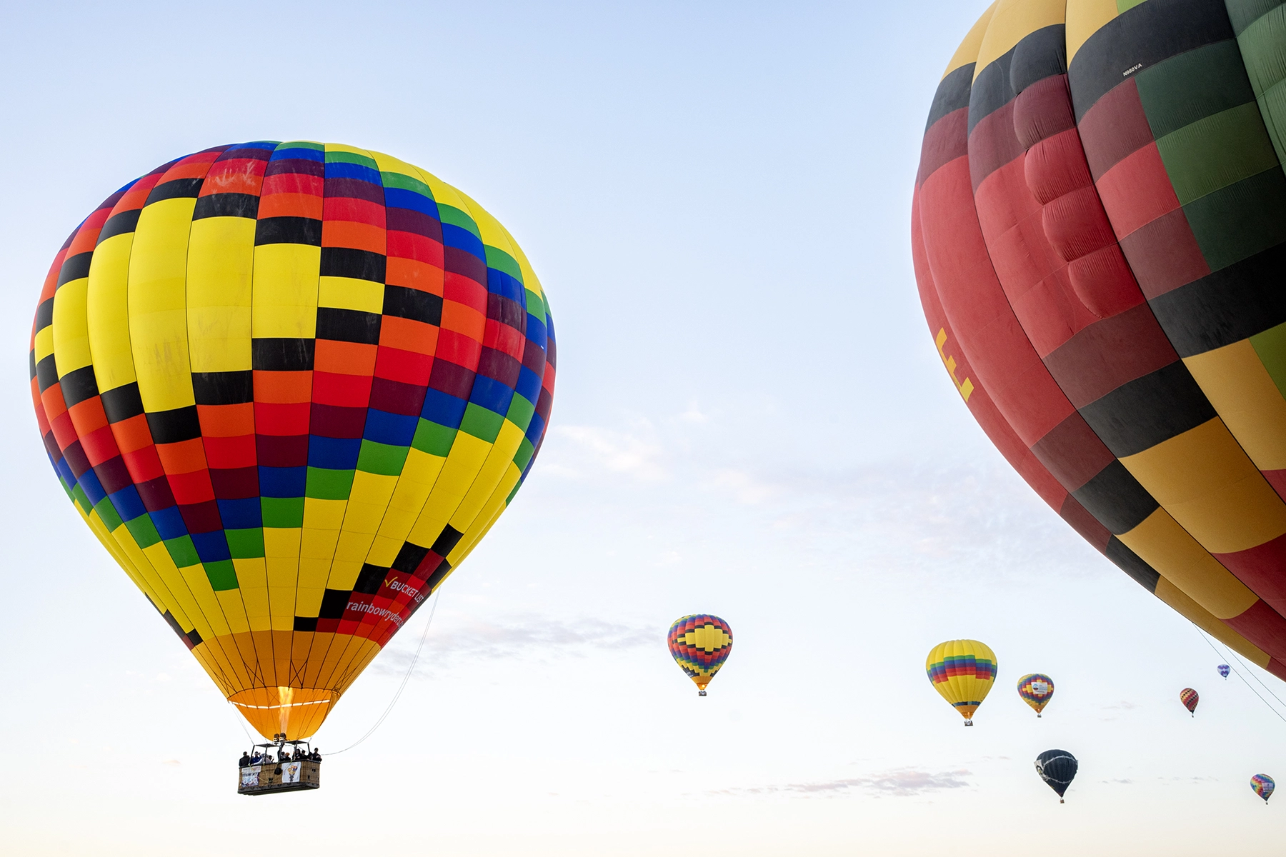Coloridos globos aerostáticos surcando un cielo azul suave durante un festival de globos, con un gran globo a cuadros en primer plano.
