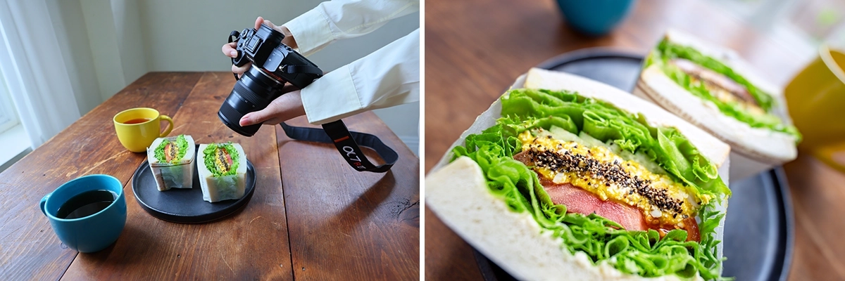Photo côte à côte de l'objectif Tamron 16-30mm en train de photographier un sandwich.
