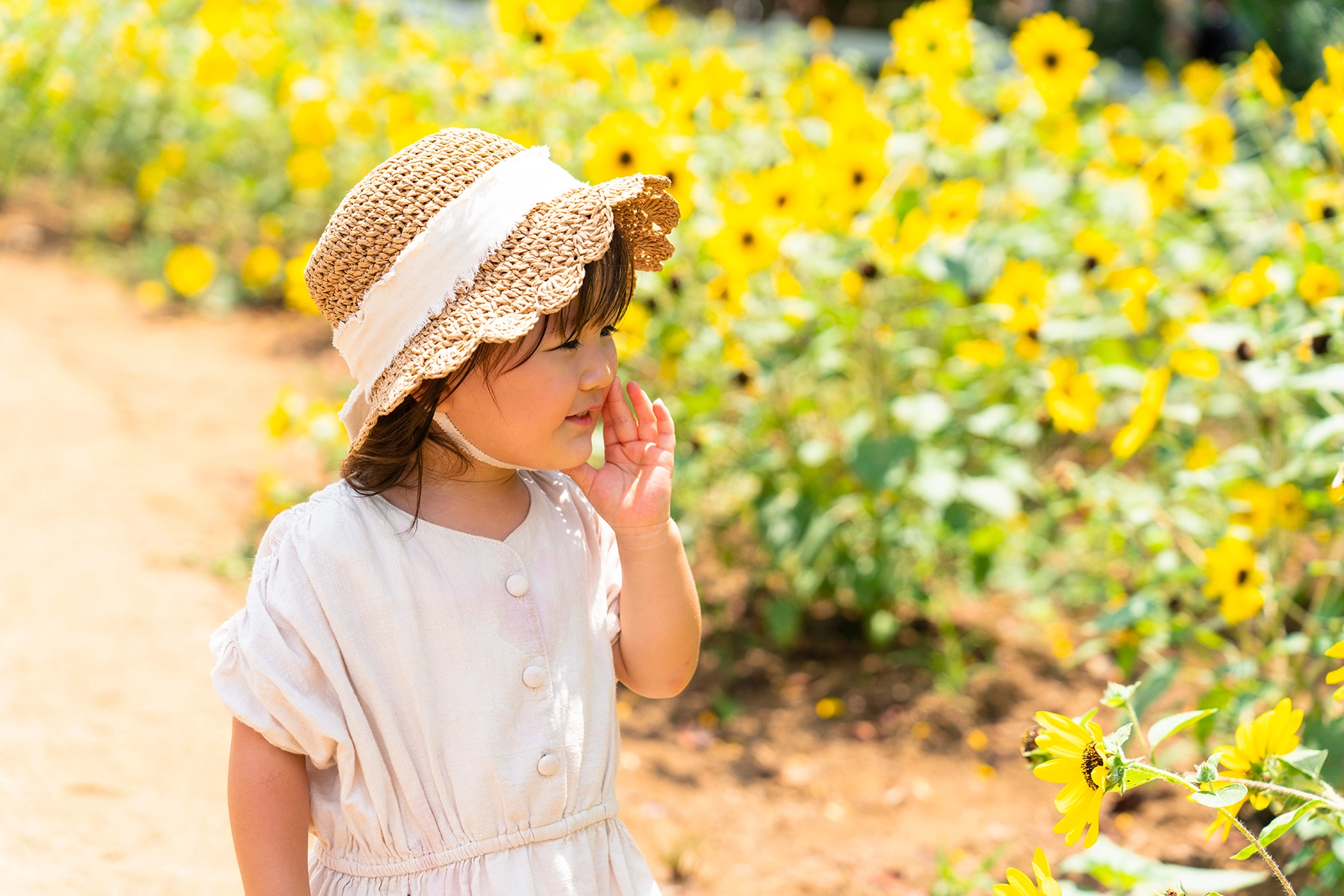 A young child wearing a straw hat with a lace trim and a light-colored dress stands beside a sunflower field, smiling and holding their hand near their face on a sunny day. The subject&rsquo;s isolation from the background is du to the photographer using the right wide aperture lens for portraits.