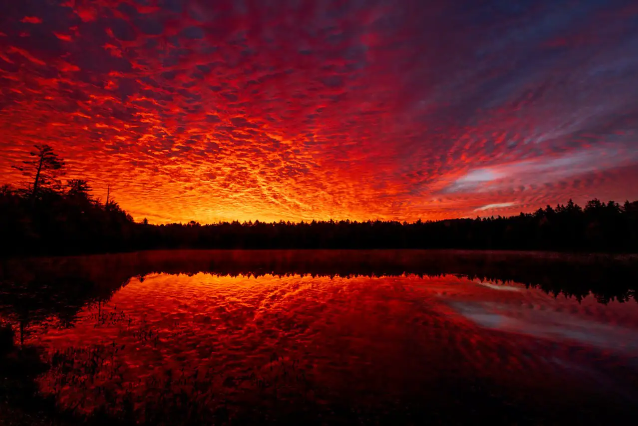 A fiery sunset casts a dramatic glow over a forest-lined lake, with deep reds and oranges filling the textured sky and reflecting vividly on the water.
