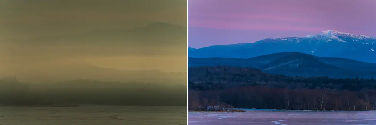 A side-by-side comparison of the same landscape in different seasons&mdash;on the left, a misty, muted winter scene with fog-shrouded mountains, and on the right, a crisp, clear view of snow-capped peaks under a vibrant purple and blue sky.