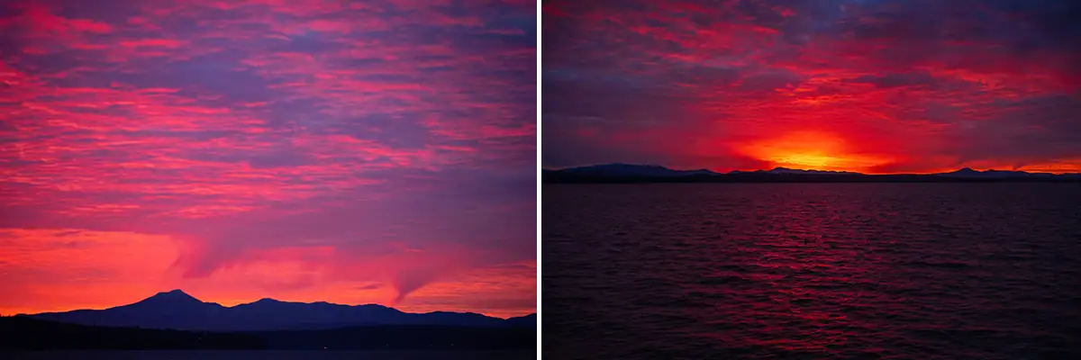 A side-by-side comparison of the same sunset scene captured with different focal lengths&mdash;on the left, a telephoto lens compresses the view, emphasizing the mountain silhouette and vibrant red clouds, while on the right, a wide-angle lens provides an expansive perspective, showcasing the dramatic glow over the open water.
