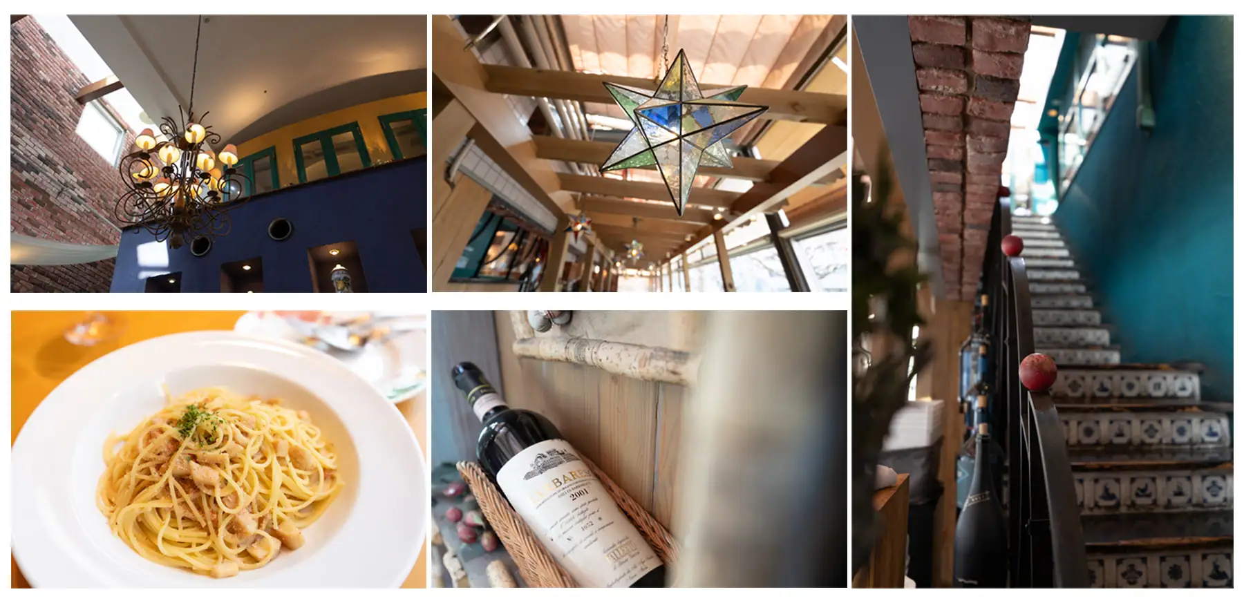 Détails intérieurs et culinaires d'un restaurant italien confortable, y compris un lustre, des lampes en verre en forme d'étoile, un escalier carrelé, une assiette de pâtes et une bouteille de vin - capturant l'ambiance et le décor de l'expérience gastronomique.