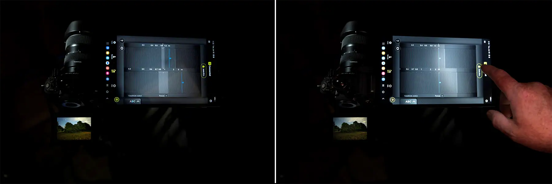 Visualização lado a lado do aplicativo TAMRON Lens Utility™ usando o Astro Focus Lock antes e depois do ajuste preciso do foco em uma sessão de astrofotografia.