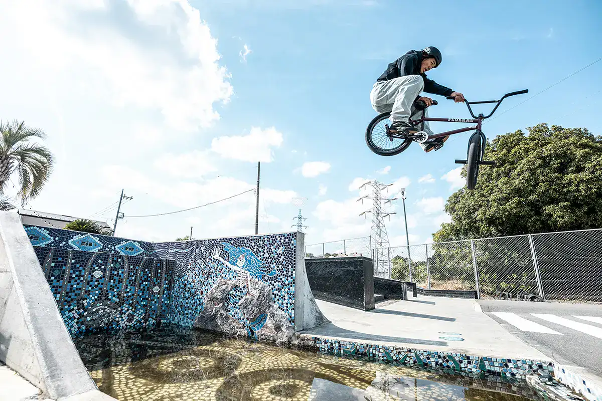 Creative urban sports photography capturing BMX rider performing Toboggan trick above mosaic skatepark bowl.
