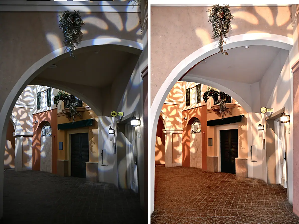 Side-by-side comparison of an indoor scene in low natural light, showing how using an external flash brightens shadows and enhances detail.