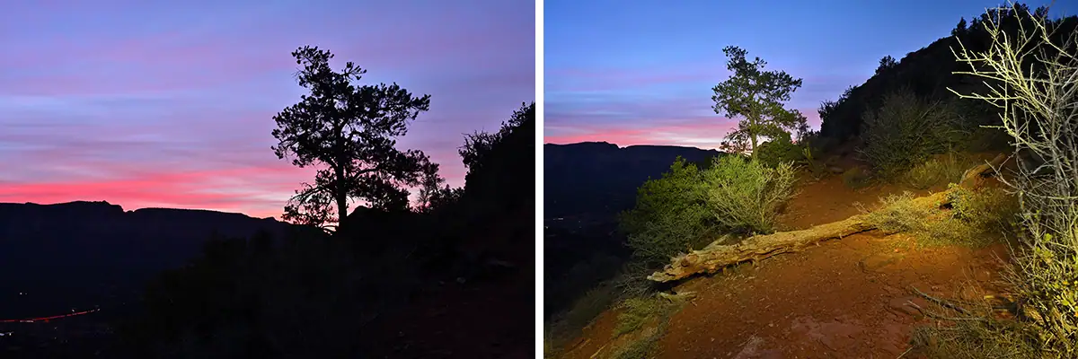 Side-by-side landscape at sunset showing how using an external flash reveals foreground detail while preserving color in the sky during low light.