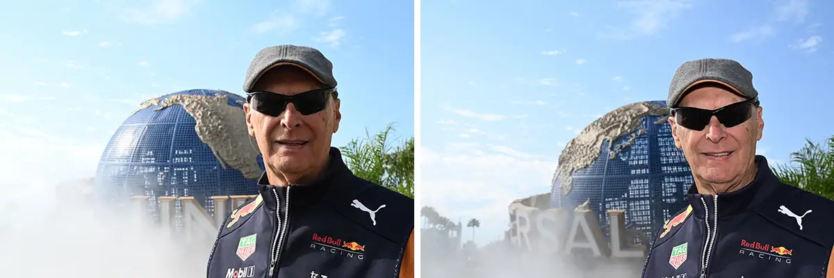 Side-by-side outdoor portrait at a theme park showing how using an external flash helps fill shadows and balance lighting in bright sunlight.