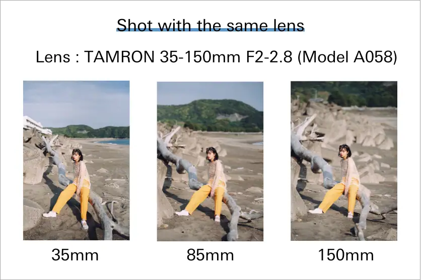 Comparison of perspective at 35mm, 85mm, and 150mm focal lengths using the TAMRON 35-150mm F2-2.8 lens while shooting video with a mirrorless camera.
