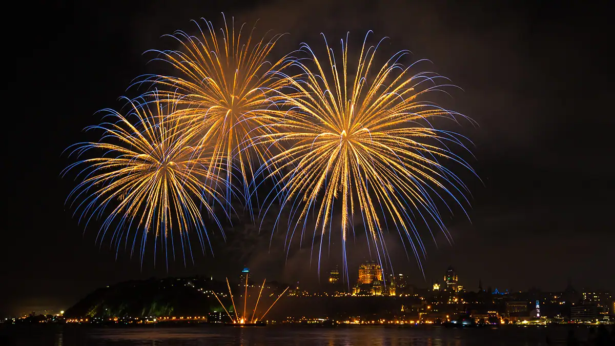 Fireworks captured with the Tamron 16-30mm F/2.8 Di III VXD G2 wide angle lens, demonstrating its ability as a landscape photography lens for vibrant night scenes.