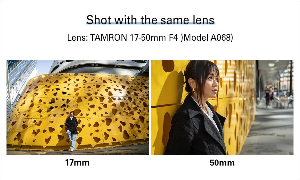 Comparison of wide-angle 17mm and telephoto 50mm photos taken with the same lens, showing perspective and composition differences