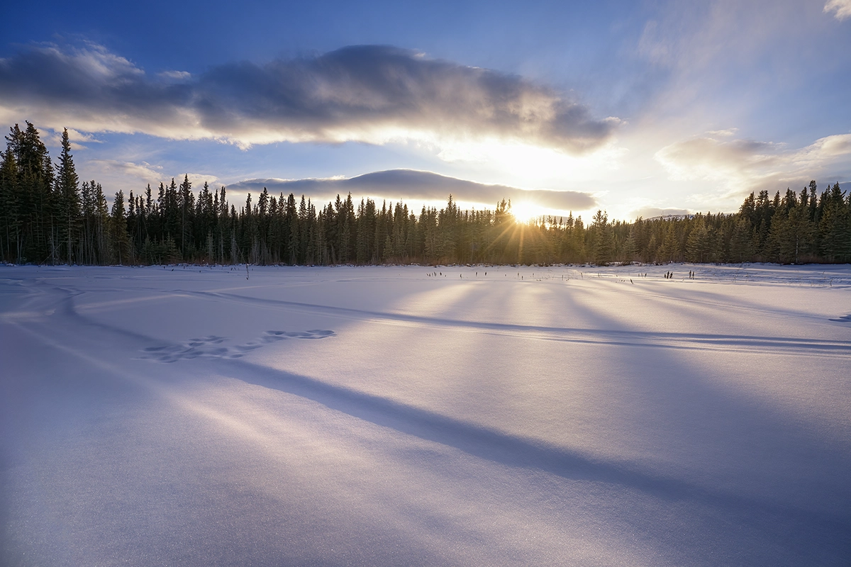 Golden hour sunrise over snow filed with tire and footprint tracks, captured using the best settings for sunset and sunrise photos.