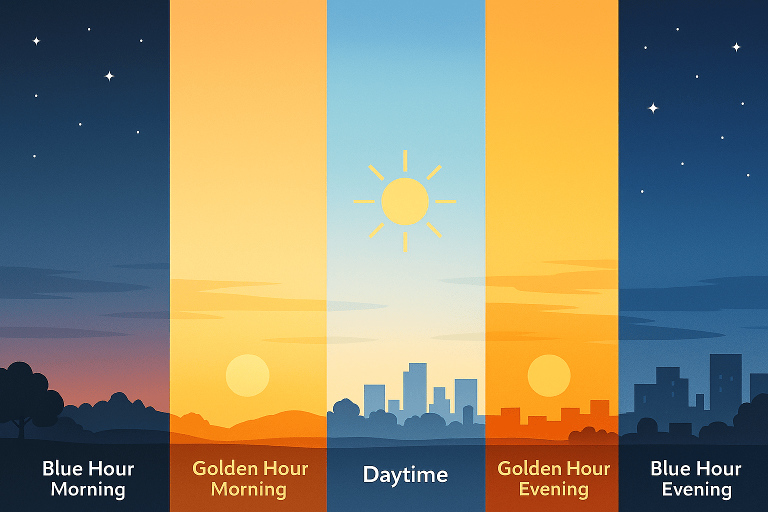 Infographic showing blue hour morning, golden hour morning, daytime, golden hour evening, and blue hour evening.