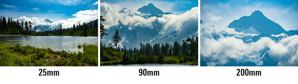 Tres fotos panorámicas que comparan distancias focales de 25 mm, 90 mm y 200 mm tomadas con el objetivo Tamron 25-200 mm F/2.8-5.6 Di III VXD G2, que muestra su rango de zoom completo de 8x, desde gran angular hasta teleobjetivo.