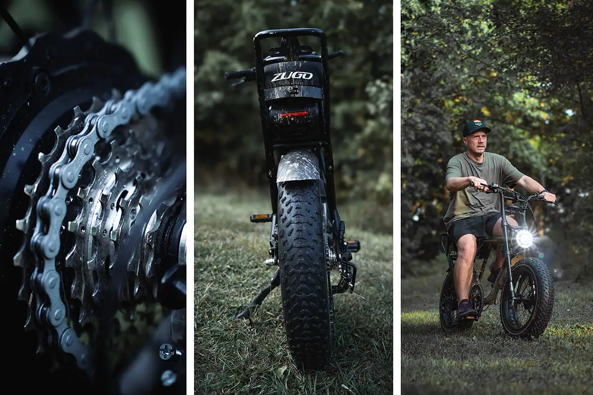 Secuencia visual de tres fotos que muestra una motocicleta todoterreno con detalles del equipo, vista trasera y el conductor al aire libre.