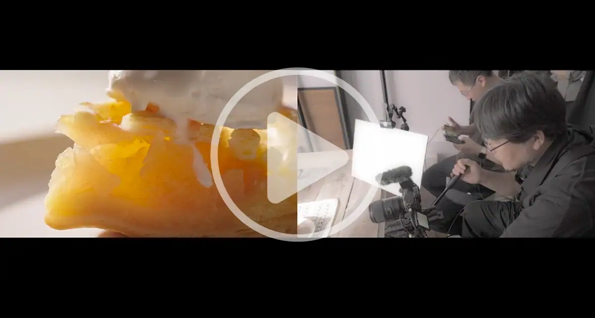 Split-screen showing a close-up of apple pie with melting ice cream and a behind-the-scenes macro filming setup.