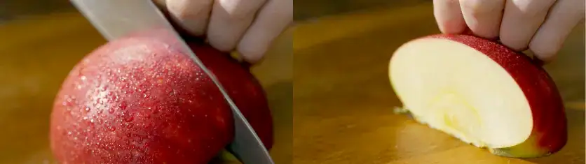 Gros plan sur la découpe d'une pomme avec une faible profondeur de champ pour mettre en valeur la texture, le grésillement et le contrôle de la mise au point dans la réalisation d'un film.