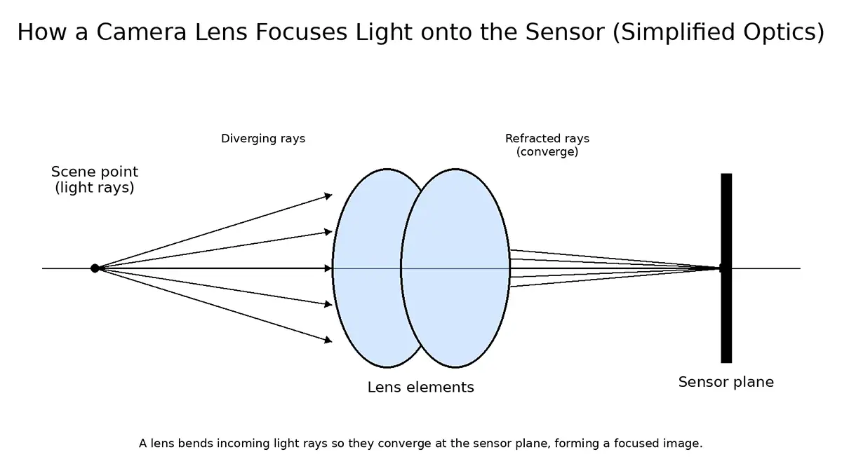Diagrama técnico que mostra os raios de luz divergentes passando pelos elementos da lente e convergindo para o plano do sensor da câmera.