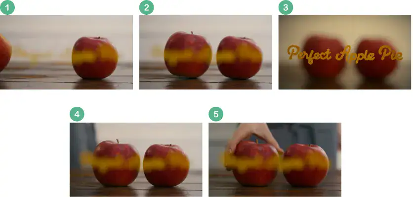 Séquence de style storyboard montrant des pommes et un changement de focalisation révélant les titres d'ouverture écrits à la main “Perfect Apple Pie” (tarte aux pommes parfaite).
