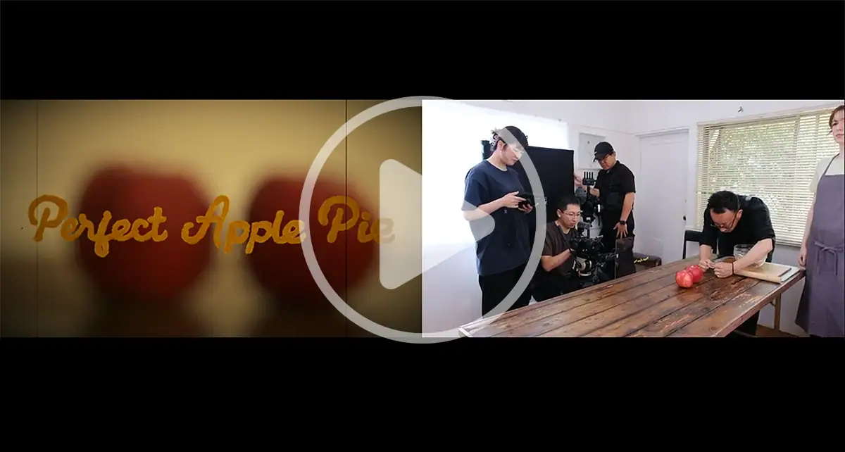 Behind-the-scenes filming of the short film &ldquo;Perfect Apple Pie,&rdquo; showing crew capturing a tabletop food scene using Tamron Lens Utility.