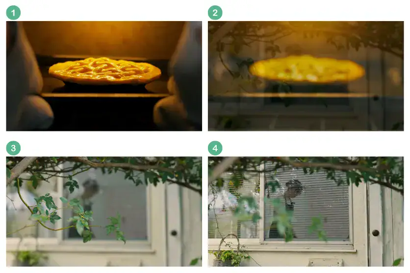 Séquence de quatre plans montrant une tarte en train de cuire dans le four, puis une transition de mise au point vers une vue extérieure d'une fenêtre pour montrer le temps qui passe. 