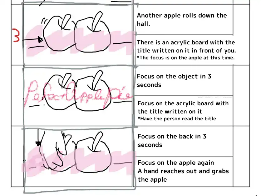 Storyboard montrant la focalisation passant des pommes à un panneau de titre en acrylique en 3 secondes, puis revenant aux pommes lorsqu'une main s'approche.