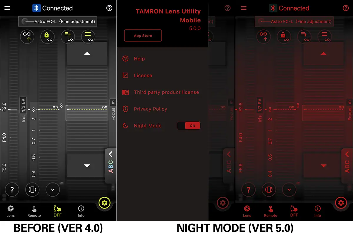 Comparação lado a lado do TAMRON Lens Utility Ver. 4.0 e Ver. 5.0 mostrando a interface do Astro Focus Lock antes da atualização e a exibição da tela vermelha do Modo Noturno.