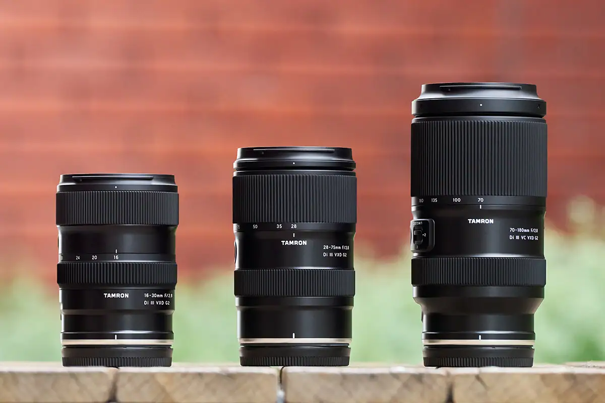 Tamron F2.8 trinity zoom lenses for Nikon Z mount including the 16-30mm, 28-75mm, and 70-180mm.