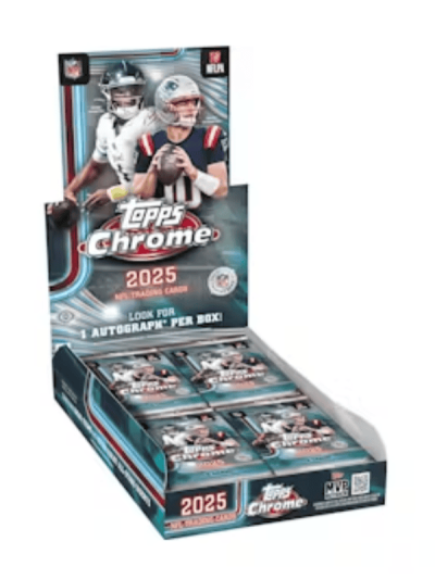 2025 Topps Chrome Football Hobby Box with football players on packaging.