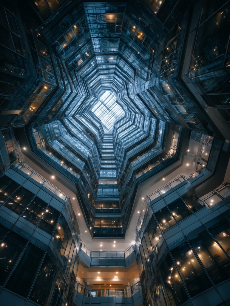Home Image of complex building, glass ceiling above, signifying limits due to complexity.