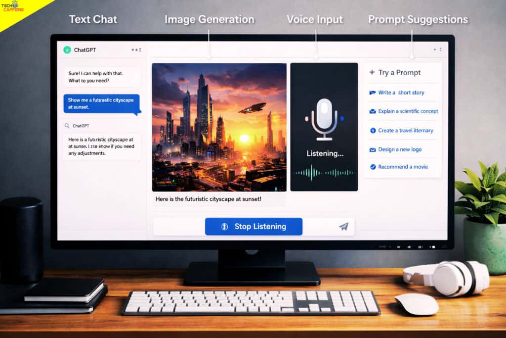 AI-powered voice assistant interface displaying cityscape at sunset.