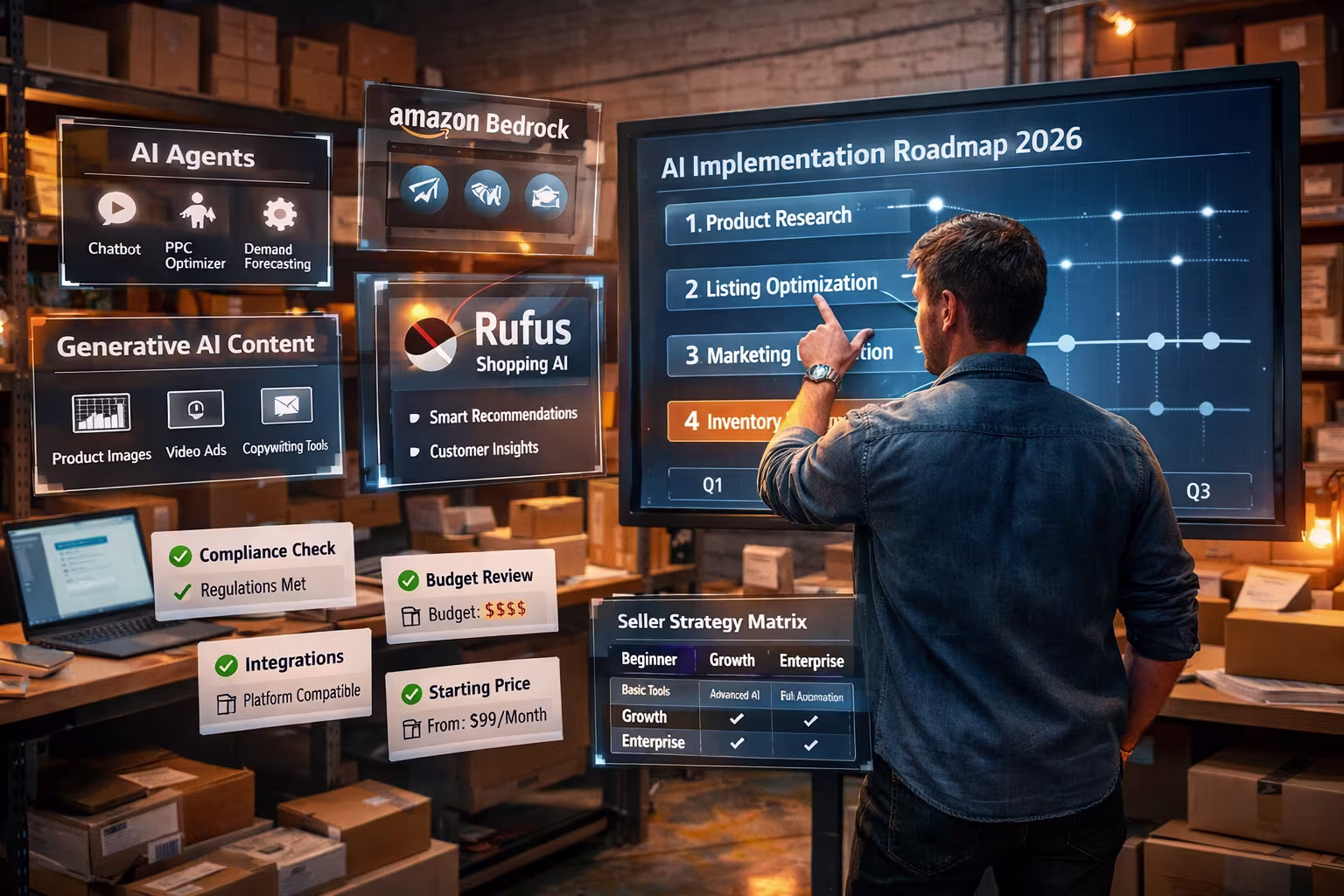How Amazon Sellers Pick AI Tools Man analyzing AI tools and strategies for Amazon selling in 2026 on a digital screen.