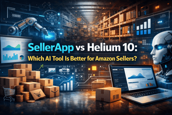 Comparison of SellerApp and Helium 10 AI tools for Amazon seller success.