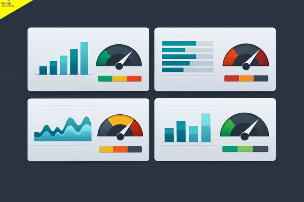 Four-panel AI brand visibility tracking dashboard showing bar charts, wave graphs, and color-coded gauge meters in teal, green, orange, and red, representing key performance metrics for monitoring brand mentions across AI search platforms