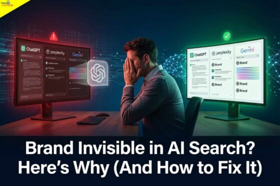A frustrated marketer sits between two monitors — the left screen shows a red warning alert with brand absent from ChatGPT, Perplexity, and Gemini AI search results, while the right screen displays a green checkmark with the brand prominently appearing across all three AI platforms, illustrating the problem and solution of brand invisibility in AI search