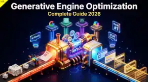 Generative Engine Optimization (GEO) process showing AI transforming blog content into AI-generated answers across Google AI, ChatGPT, Perplexity, and Copilot